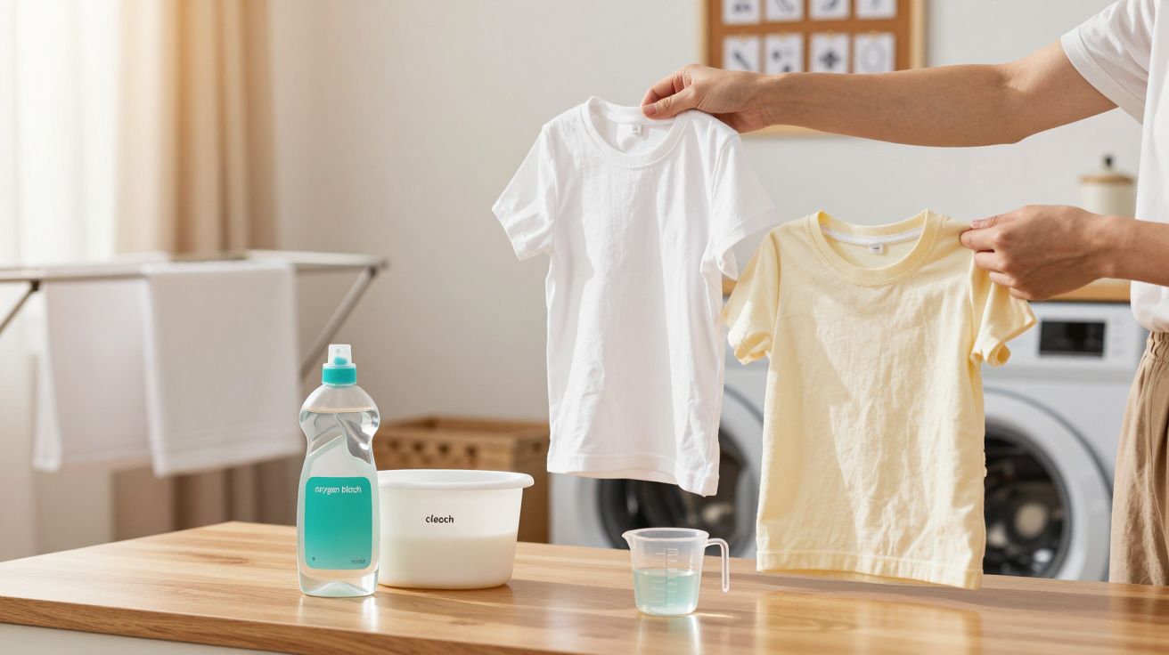 Een persoon houdt een witte en een gele T-shirt vast naast wasbenodigdheden op een tafel in een wasruimte.