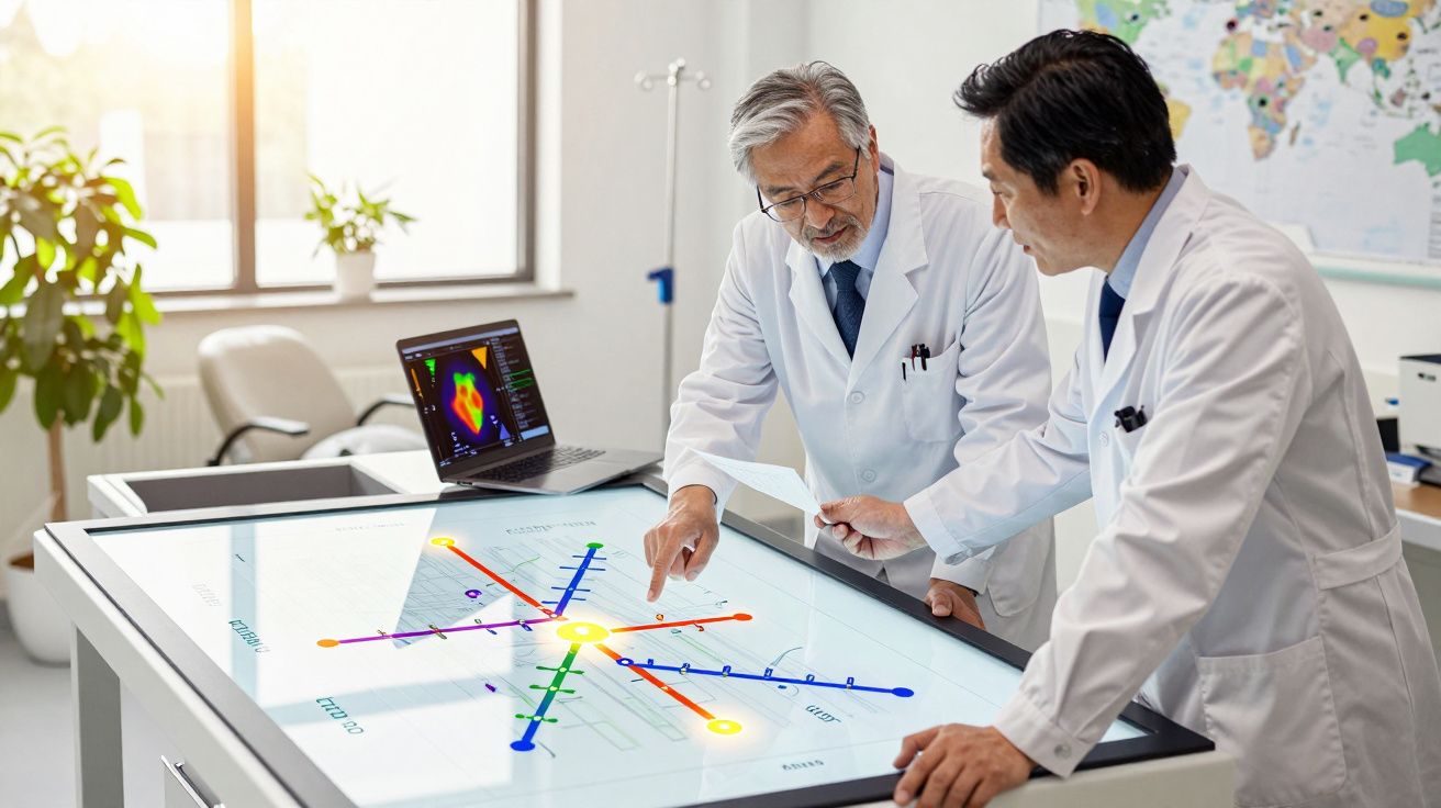 Twee artsen in witte jassen bespreken een medische kaart op een grote digitale tafel in een helder kantoor.