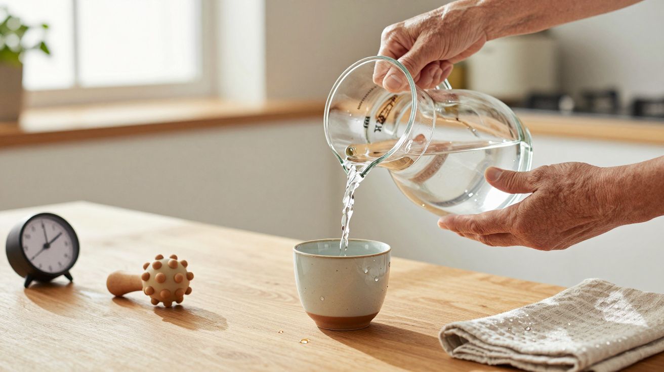 Hand giet water uit karaf in mok op houten tafel met klok en massagebal.