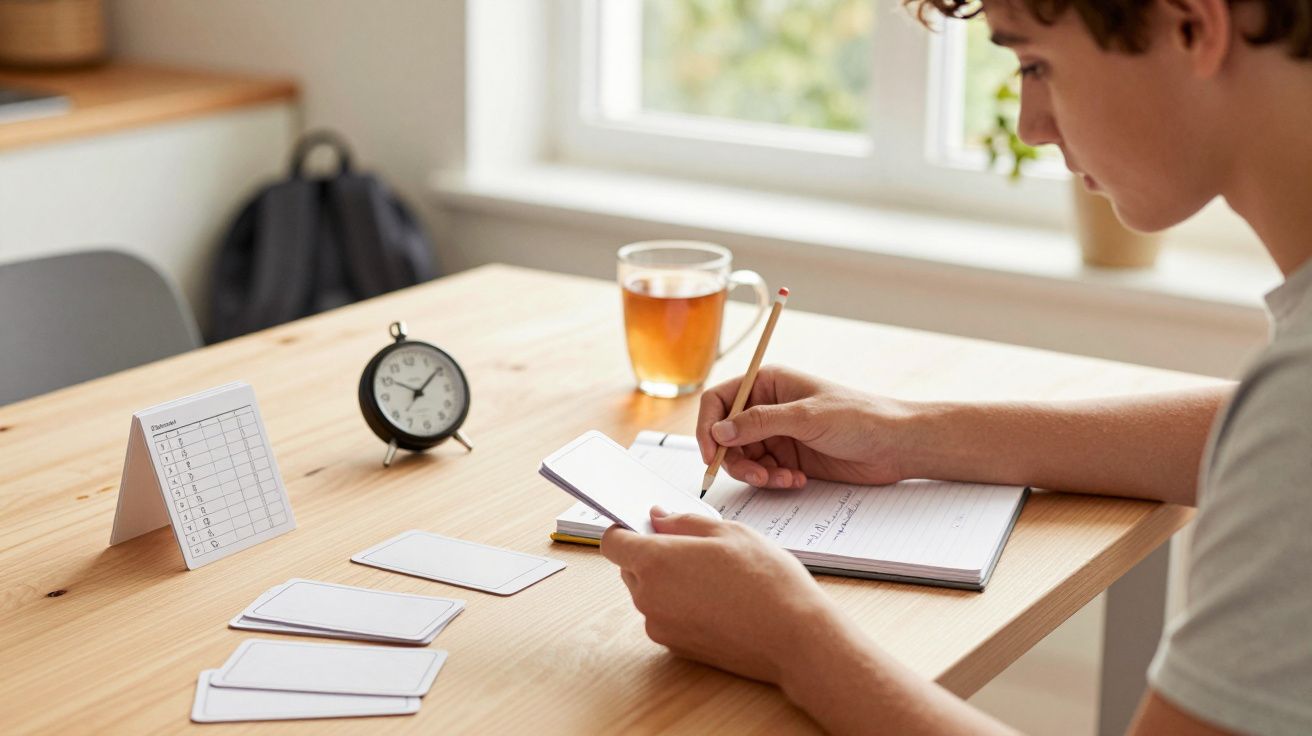 Jonge man studeert aan tafel met notitieblok en kaarten, klok en kopje thee op de achtergrond.