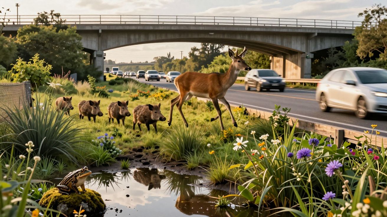 Hert en everzwijnen lopen naast snelweg met brug, omringd door bloemen en gras. Auto's passeren op de achtergrond.