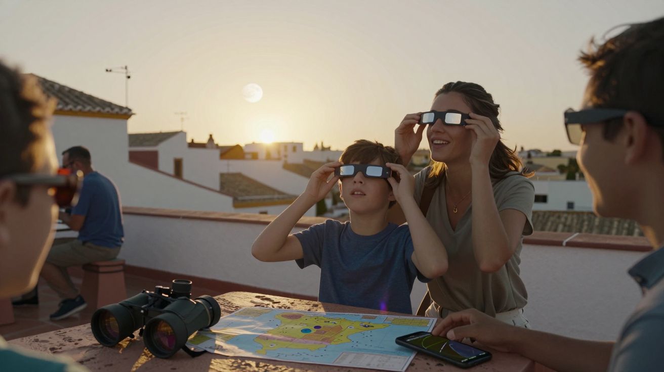 Mensen met eclipsbrillen kijken naar de zonsverduistering op een dakterras bij zonsondergang, met kaart en verrekijker.