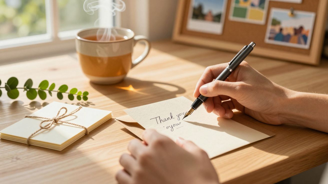 Hand schrijft een dankbriefje op een houten bureau met een kopje koffie en plantenblad op de achtergrond.