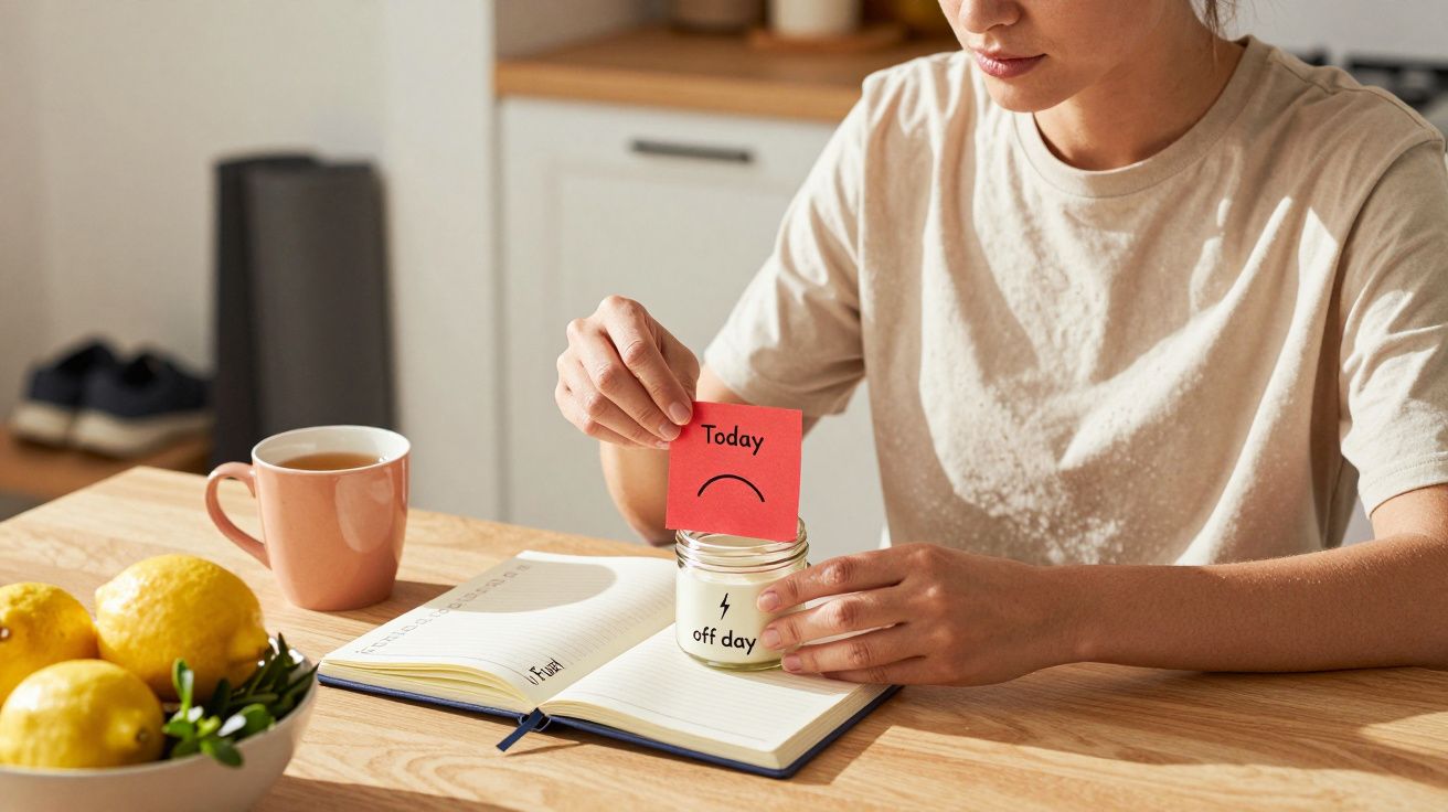 Persoon plaatst een rode kaart met trieste emoji in glazen pot, naast een agenda en een kopje op een houten tafel.