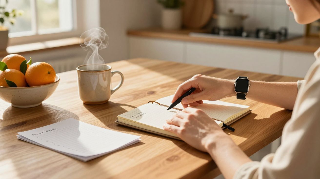 Persoon schrijft in notitieboekje aan keukenblad, met mok koffie en schaal sinaasappels; ochtendzon schijnt binnen.