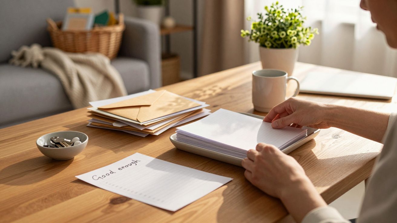 Persoon met notitieblok aan houten tafel met enveloppen, kopje en plant.