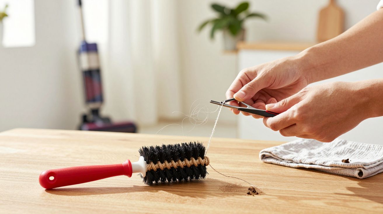 Handen knippen haren van een borstel op houten tafel met schaar, doek en stofzuiger op de achtergrond.