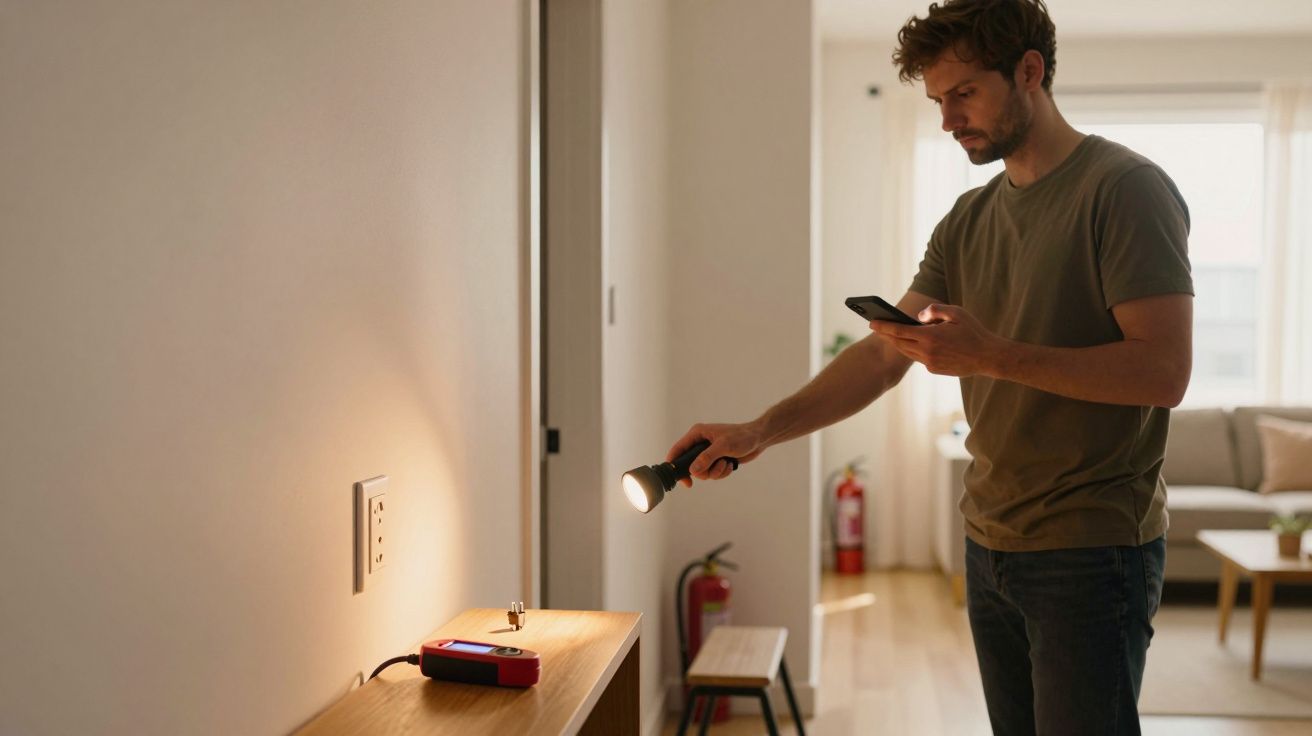 Man met zaklamp controleert kleine voorwerpen op een tafel in een helder verlichte woonkamer.