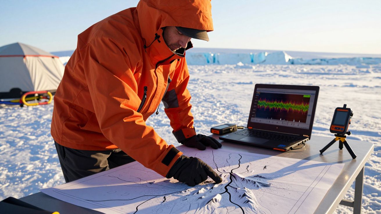 Man in oranje jas bekijkt landkaart en laptop op tafel in besneeuwd landschap met tent en ijsbergen op de achtergrond.