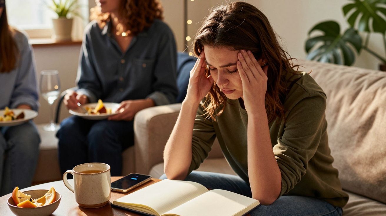 Vrouw met hoofdpijn aan tafel met notitieboekje, omringd door twee mensen die aan het eten zijn.