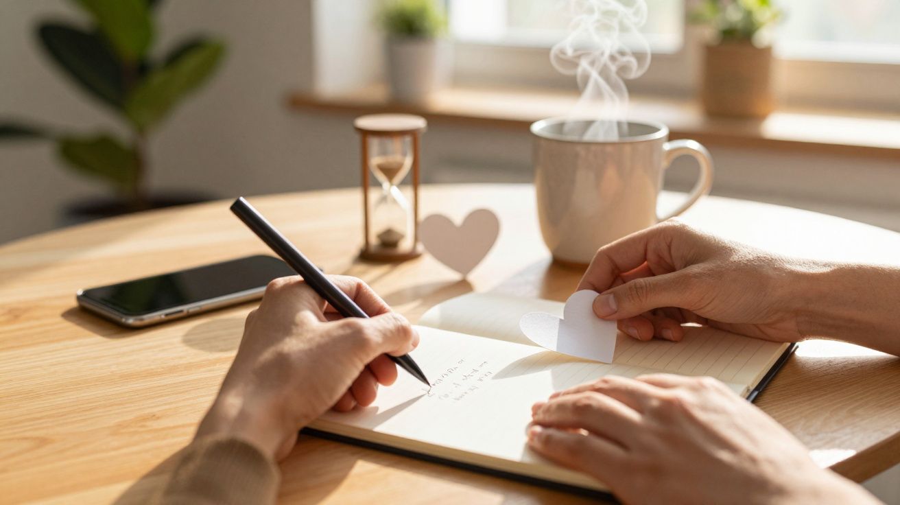 Persoon schrijft in notitieboek op tafel met kopje koffie, zandloper en papieren hartje bij zonlicht.
