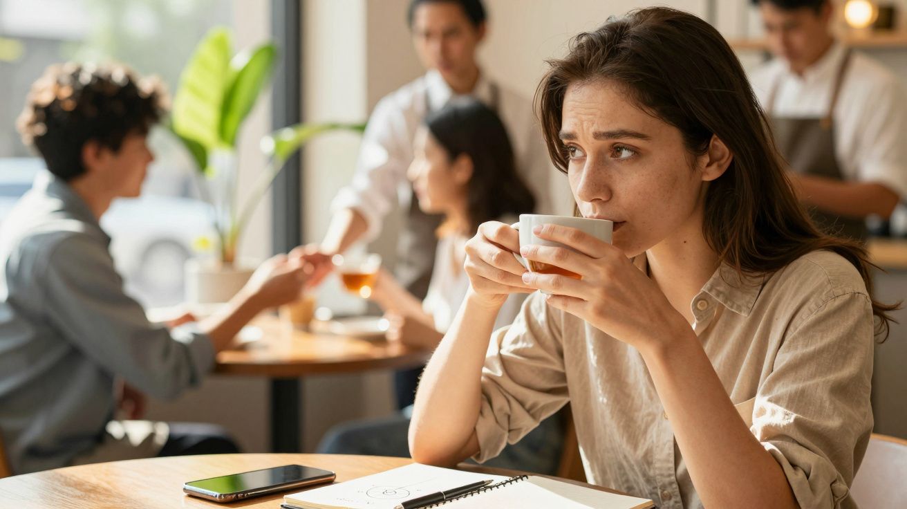 Vrouw drinkt koffie in café, met notitieboekje en telefoon voor zich, andere gasten op de achtergrond.
