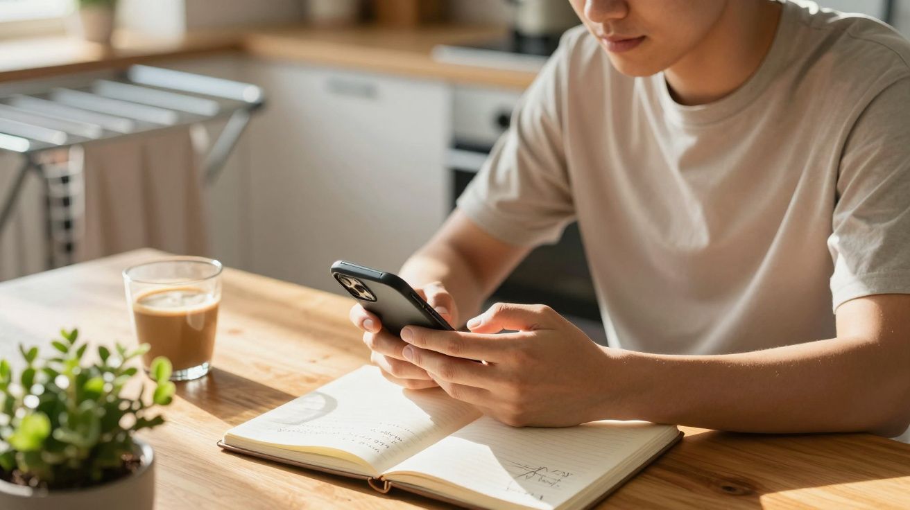 Persoon met smartphone, leest notities in notitieboekje op keukentafel naast koffie en een kleine plant.