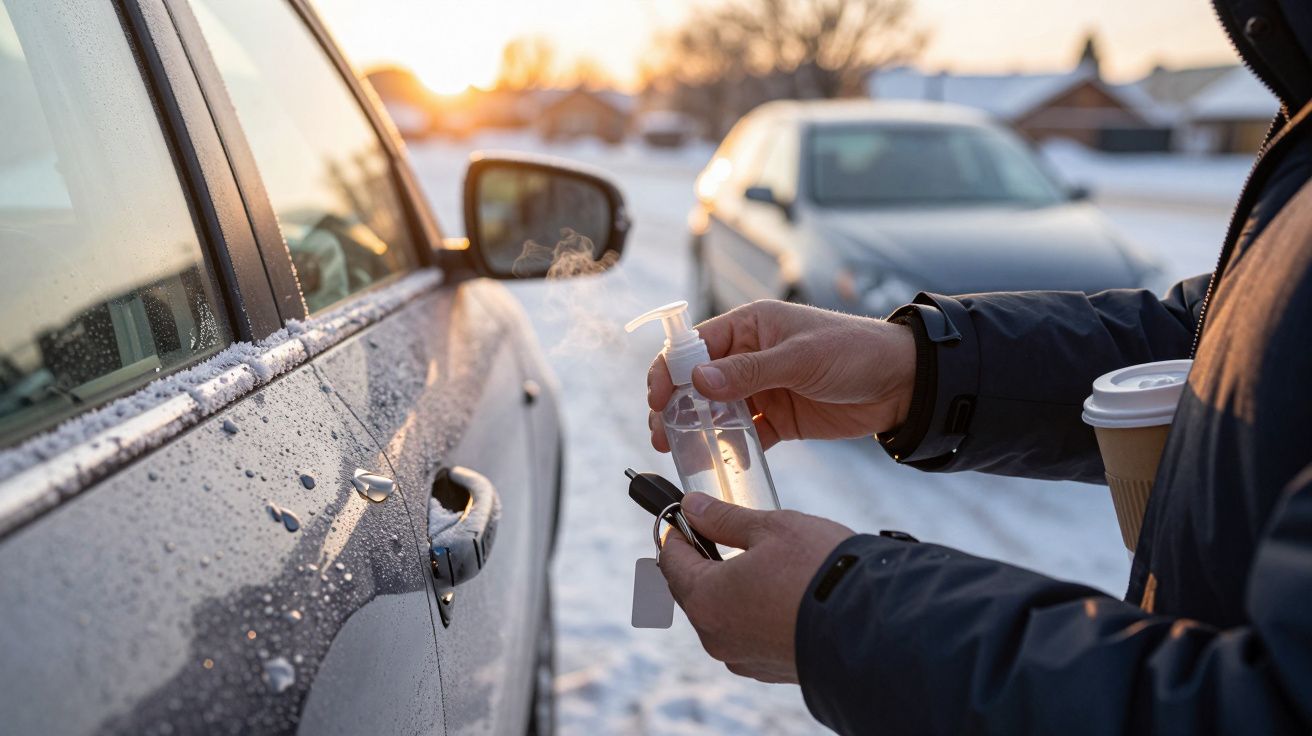 Persoon houdt autosleutels, handreiniger en koffiebeker vast bij besneeuwde auto op een koude winterochtend.