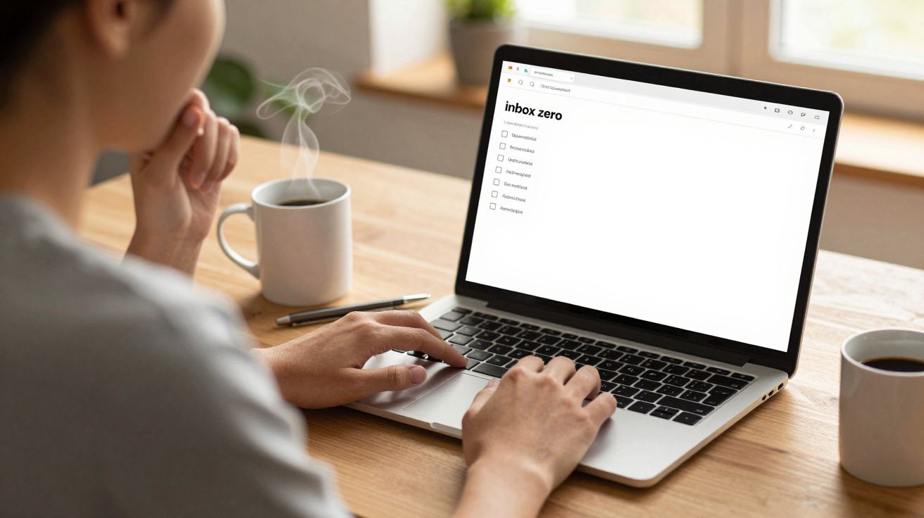 Persoon werkt op laptop met lege inbox, drinkt koffie bij raam.