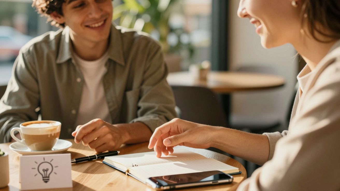 Twee mensen praten en lachen in een café, met een notitieboekje, pen en een kop koffie op tafel.