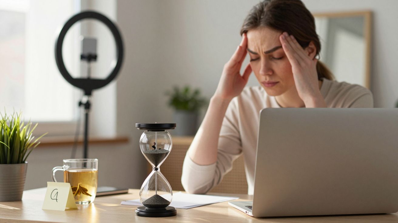 Vrouw met laptop en zandloper, houdt hoofd vast, oogt gestrest. Kantooromgeving met mok thee en planten.