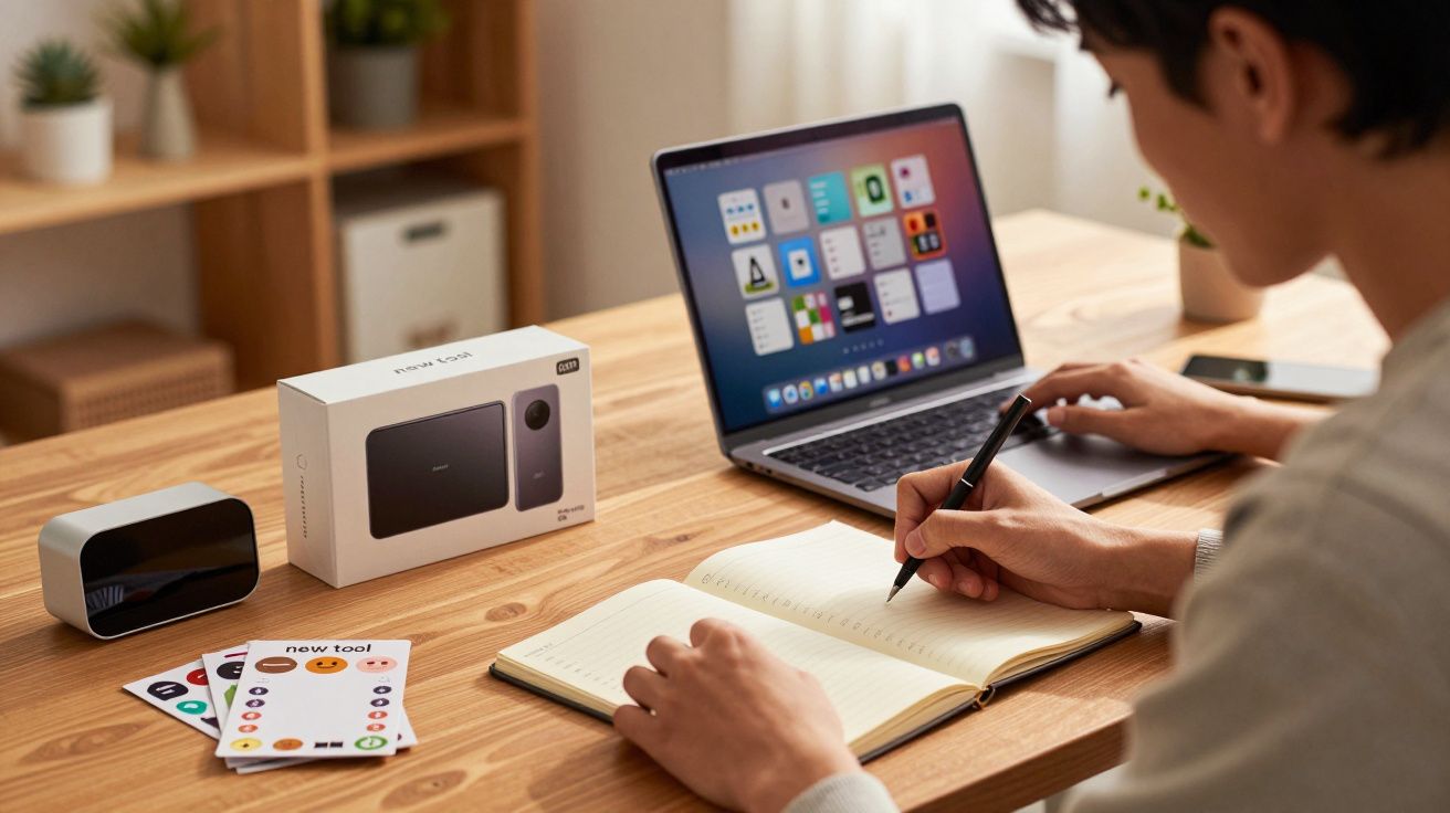 Persoon aan bureau schrijft in notitieboek bij laptop en apparaatdoos, met stickers en plant op de achtergrond.