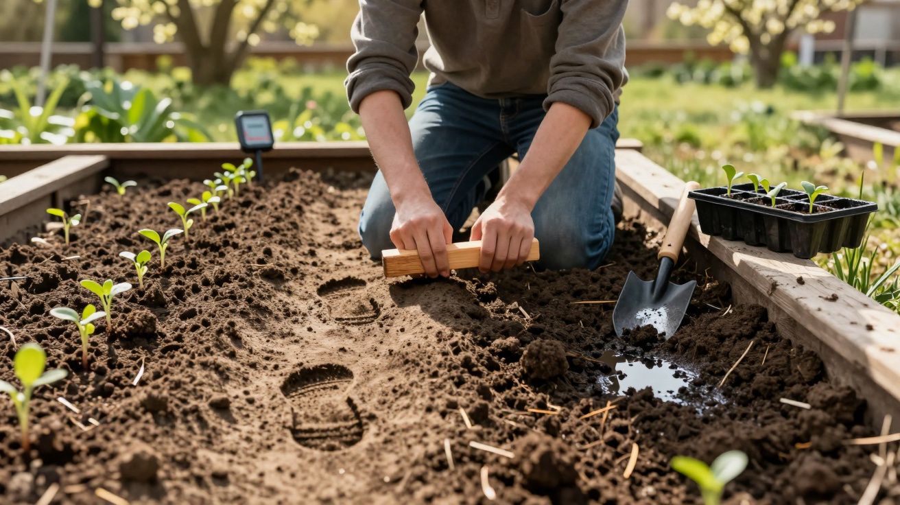 Persoon plant jonge zaailingen in een moestuin, met een gereedschap en een gieter binnen handbereik.