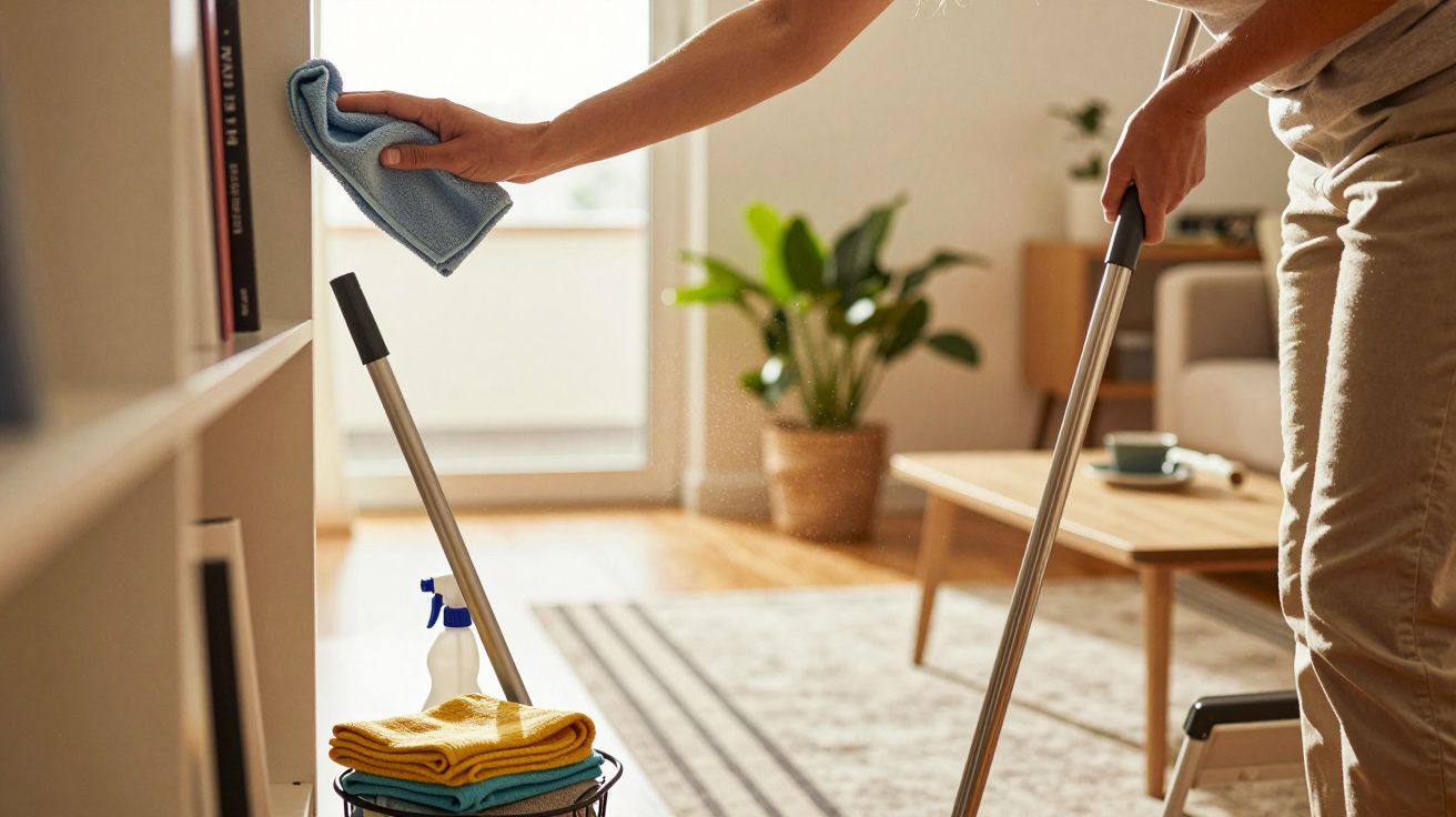 Persoon veegt plank af met doek tijdens schoonmaak in een woonkamer met planten en meubels op de achtergrond.