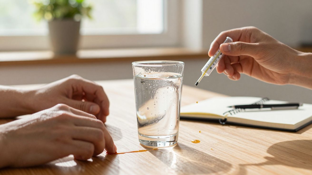 Een hand voegt vloeistof uit een pipet toe aan een glas water op een houten tafel.