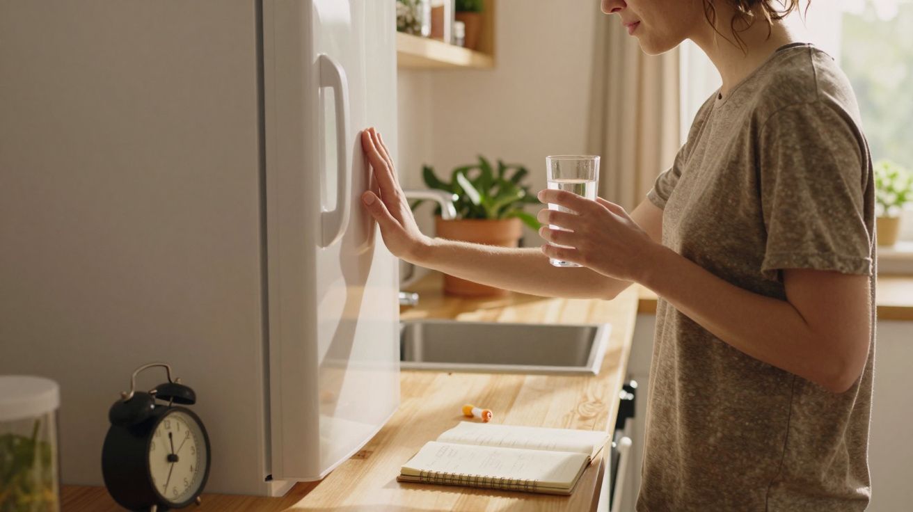 Vrouw bij koelkast houdt glas water vast in keuken met planten en notitieblok op aanrecht.