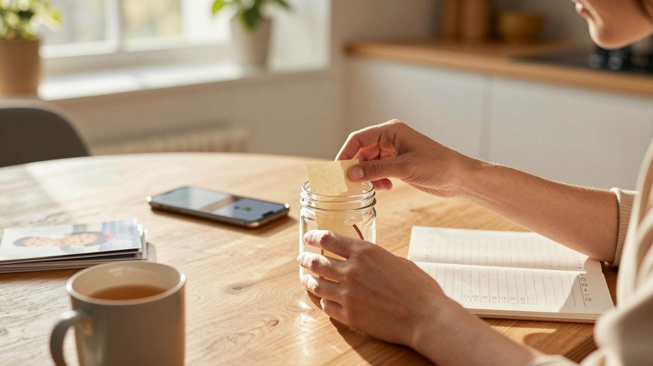 Persoon stopt een notitie in een pot op houten tafel met een kop koffie, boek en smartphone in het zonlicht.