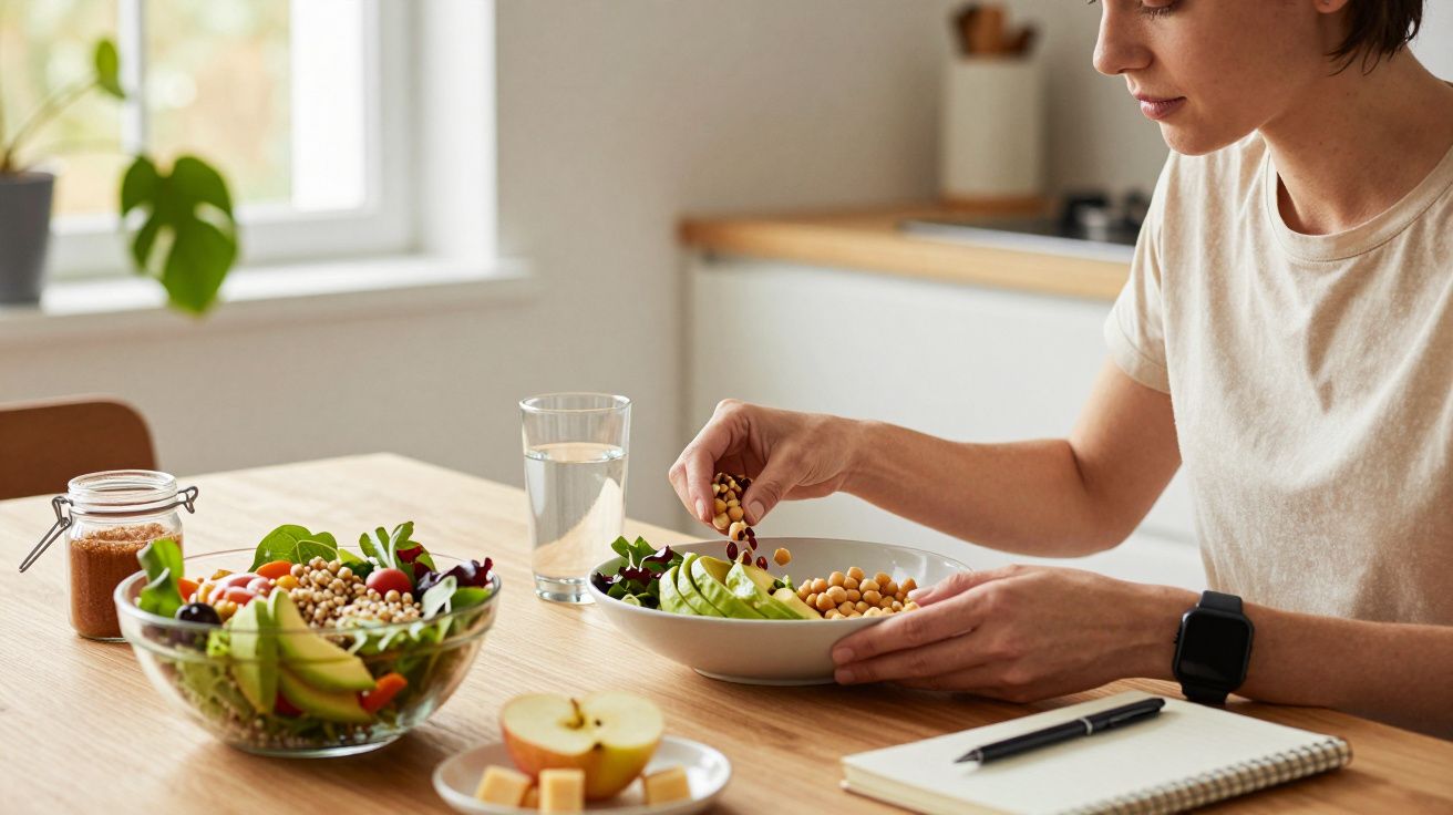 Persoon eet salade met groenten en kikkererwten aan tafel, met glas water en schrift naast een fruitschaal.